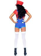 Female Mario from Super Mario Bros, top and shorts costume, short sleeves, buttons, suspenders, mustache